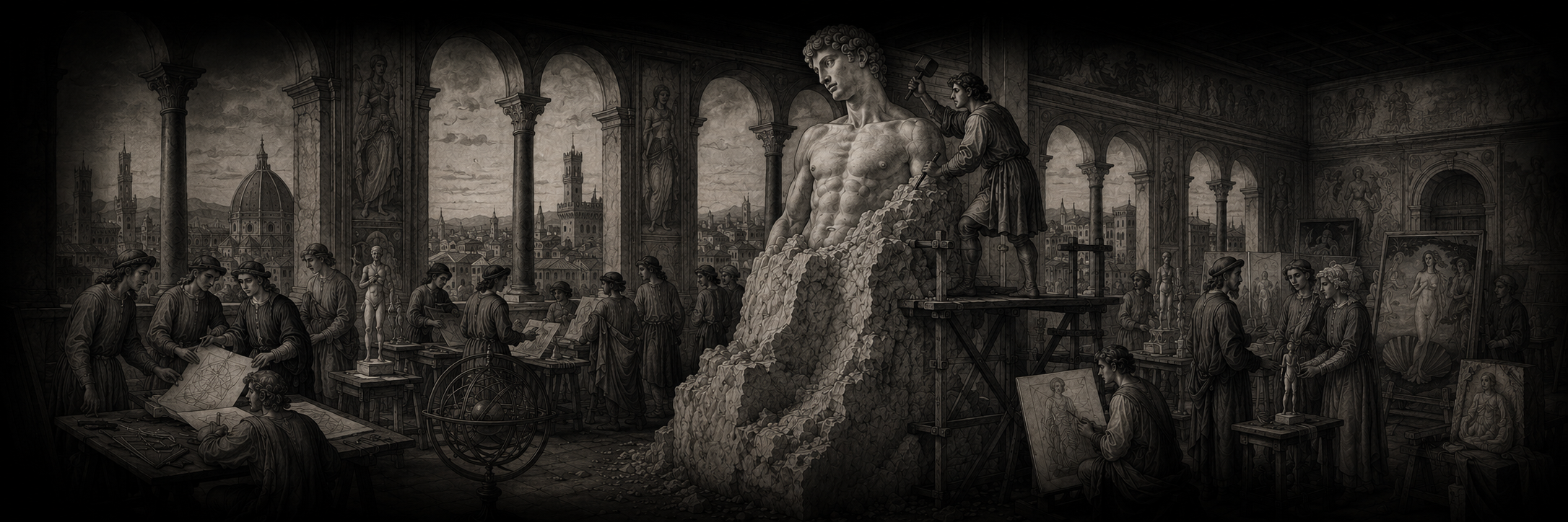 A Renaissance workshop — the David emerging from marble while artisans work, Florence beyond